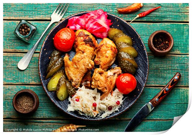 Roasted chicken meat and pickles vegetables Print by Mykola Lunov Mykola
