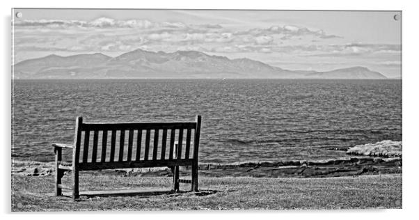 Troon bench with outlook to Arran Acrylic by Allan Durward Photography