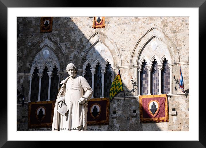 Statue of Sallustio Bandini in Front of the Palazzo Salimbeni in Framed Mounted Print by Dietmar Rauscher