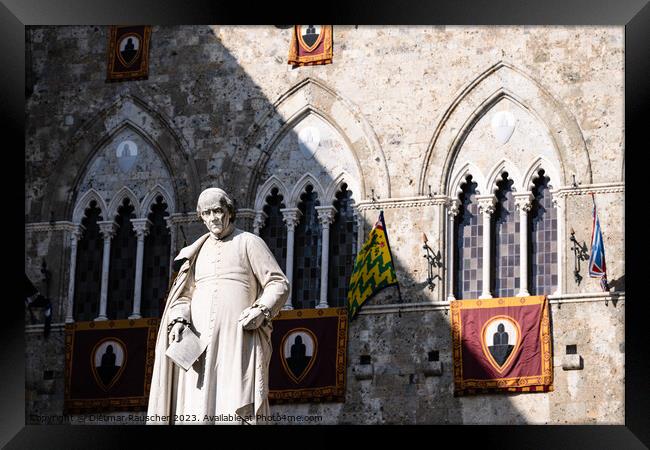 Statue of Sallustio Bandini in Front of the Palazzo Salimbeni in Framed Print by Dietmar Rauscher