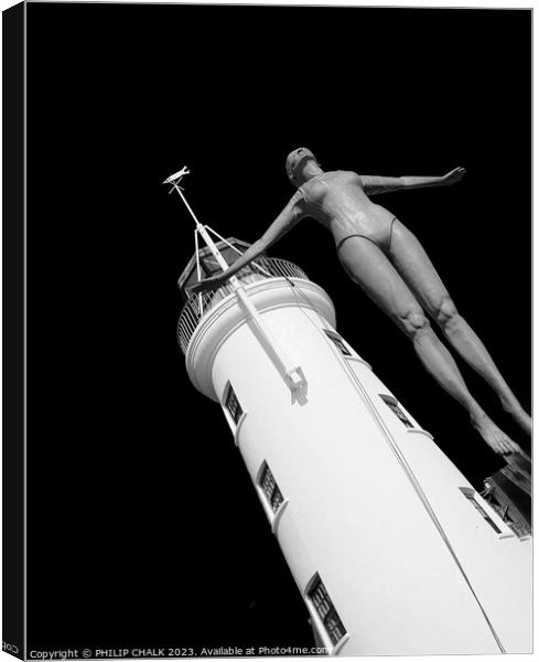 Diving lady at Scarborough lighthouse 864 Canvas Print by PHILIP CHALK