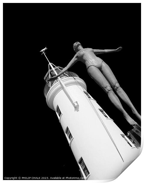 Diving lady at Scarborough lighthouse 864 Print by PHILIP CHALK