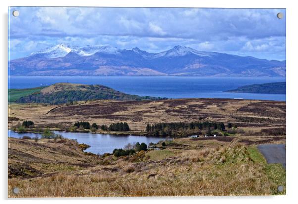 Fairlie moor view of Arran snow capped mountains Acrylic by Allan Durward Photography