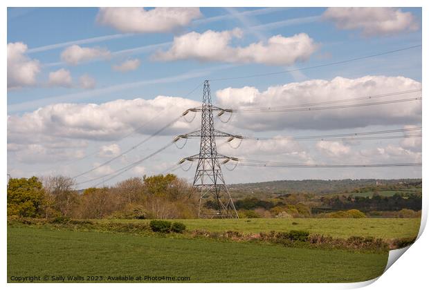 Pylon in Sussex countryside Print by Sally Wallis