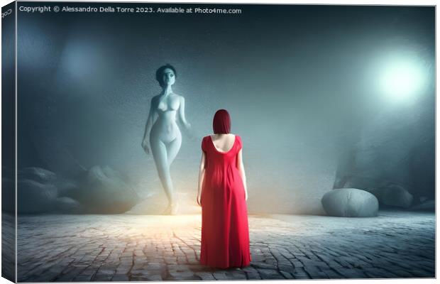 woman in a surreal world, looking at a ghost Canvas Print by Alessandro Della Torre