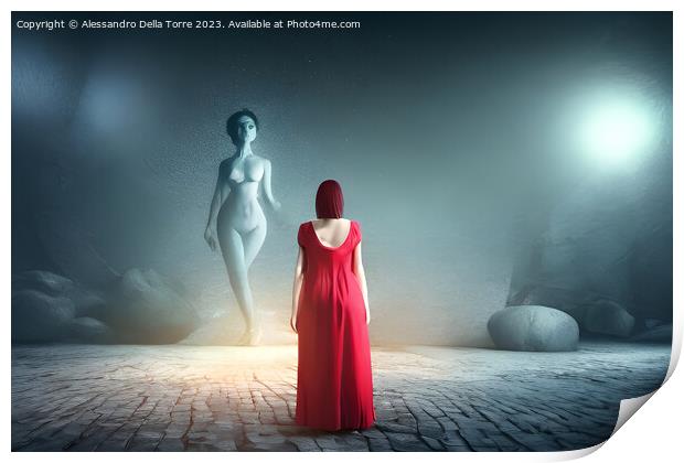 woman in a surreal world, looking at a ghost Print by Alessandro Della Torre