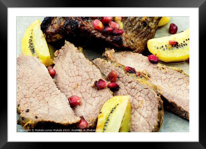 Veal meat baked with kiwi and pomegranate. Framed Mounted Print by Mykola Lunov Mykola