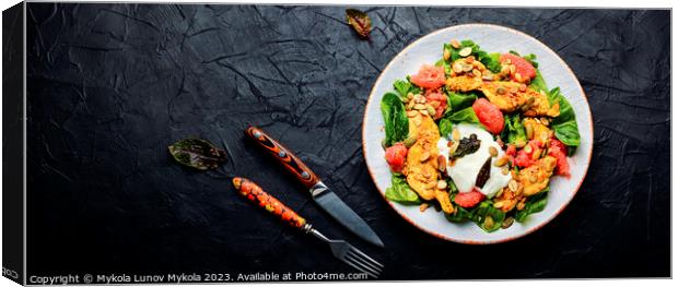 Fresh salad with grilled chicken fillet, spinach and fruits Canvas Print by Mykola Lunov Mykola