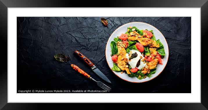 Fresh salad with grilled chicken fillet, spinach and fruits Framed Mounted Print by Mykola Lunov Mykola