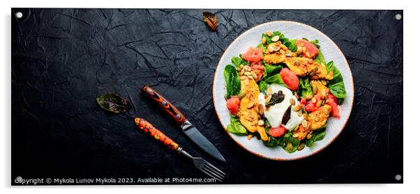 Fresh salad with grilled chicken fillet, spinach and fruits Acrylic by Mykola Lunov Mykola