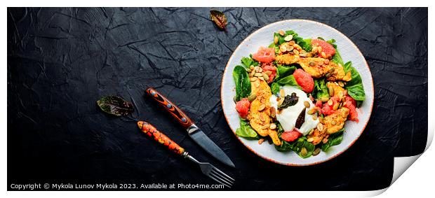Fresh salad with grilled chicken fillet, spinach and fruits Print by Mykola Lunov Mykola