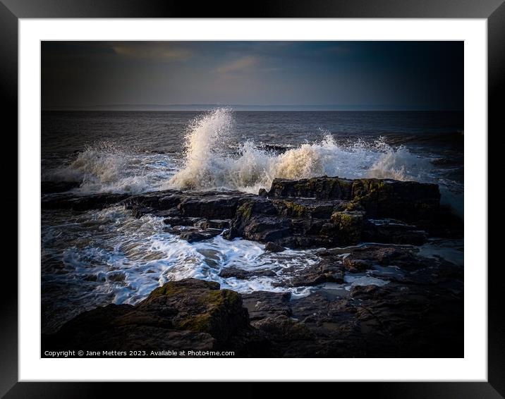 Waves Crashing on the Rocks Framed Mounted Print by Jane Metters