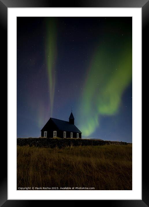 Northern Lights over The Black Church in Budir, Iceland Framed Mounted Print by Paulo Rocha