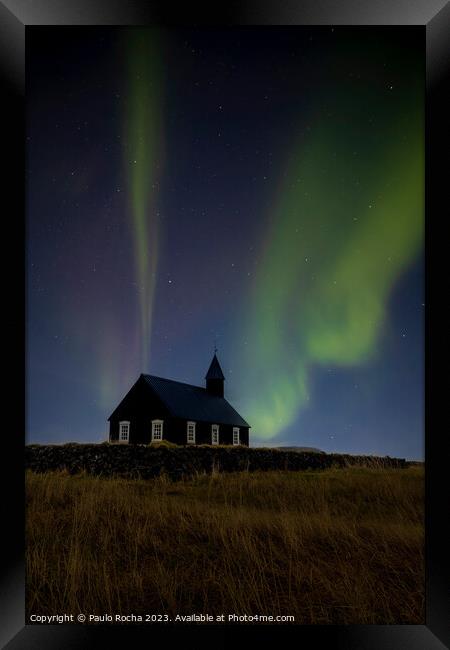 Northern Lights over The Black Church in Budir, Iceland Framed Print by Paulo Rocha