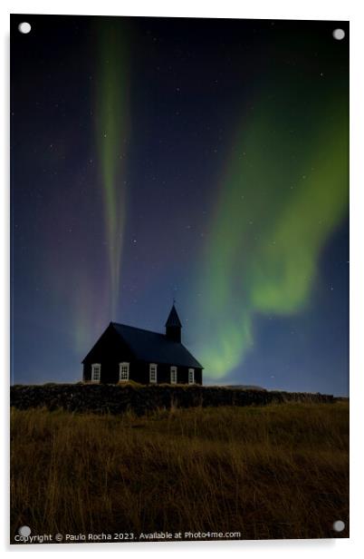 Northern Lights over The Black Church in Budir, Iceland Acrylic by Paulo Rocha