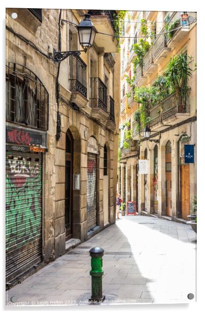 Typical narrow street in the Gothic quarter of Barcelona, Spain Acrylic by Kevin Hellon