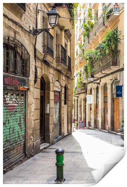 Typical narrow street in the Gothic quarter of Barcelona, Spain Print by Kevin Hellon
