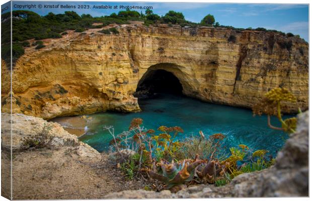 High angle viewpoint on Praia de Vale Covo in Carvoeiro on the coast of Algarve, Portugal Canvas Print by Kristof Bellens