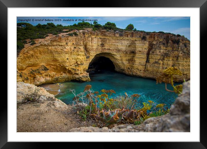 High angle viewpoint on Praia de Vale Covo in Carvoeiro on the coast of Algarve, Portugal Framed Mounted Print by Kristof Bellens