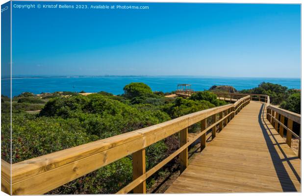 View on wooden elevated boardwalk at Lagos beach in Algarve, Portugal Canvas Print by Kristof Bellens