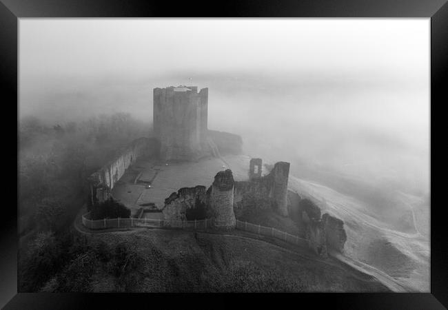 Conisbrough Castle Fog Black and White Framed Print by Apollo Aerial Photography