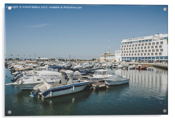 Faro harbor or marina view with EVA Senses hotel. Acrylic by Kristof Bellens