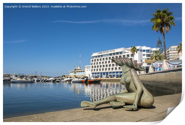 View on the Eva Senses Hotel and Sereia statue at the Marina district in Faro, Portugal Print by Kristof Bellens