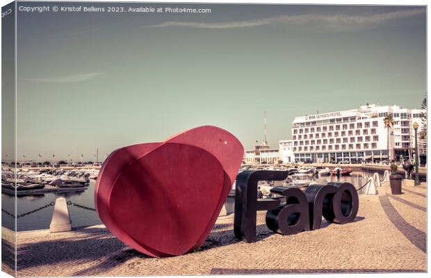 View on the I love Faro sign and Eva Senses Hotel in the marina of Faro, Portugal. Canvas Print by Kristof Bellens