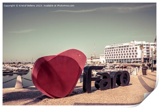 View on the I love Faro sign and Eva Senses Hotel in the marina of Faro, Portugal. Print by Kristof Bellens