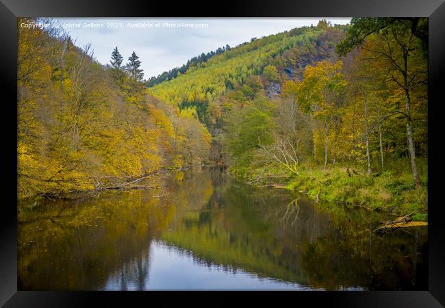View on the river Ourthe in the Belgian national park Two Ourthes in the Ardennes of Wallonia, Belgium during autumn Framed Print by Kristof Bellens