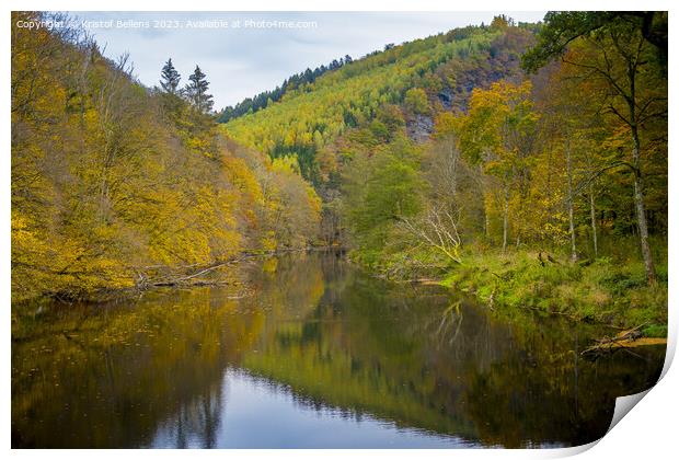 View on the river Ourthe in the Belgian national park Two Ourthes in the Ardennes of Wallonia, Belgium during autumn Print by Kristof Bellens