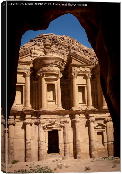 Vertical cave view on the Monastery (ad deir) in Petra, Jordan. Canvas Print by Kristof Bellens