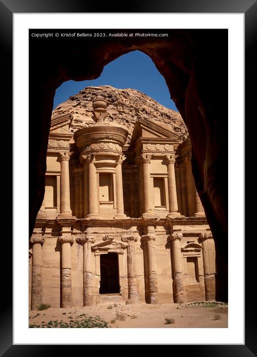 Vertical cave view on the Monastery (ad deir) in Petra, Jordan. Framed Mounted Print by Kristof Bellens