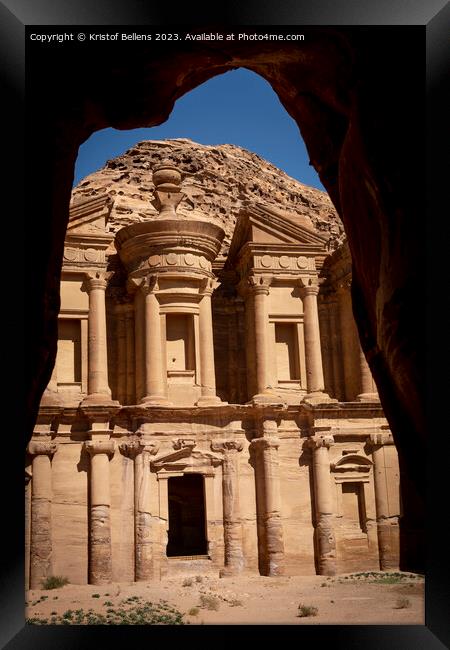 Vertical cave view on the Monastery (ad deir) in Petra, Jordan. Framed Print by Kristof Bellens