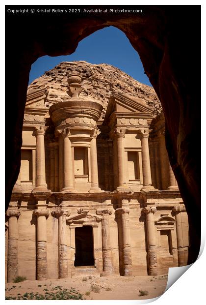 Vertical cave view on the Monastery (ad deir) in Petra, Jordan. Print by Kristof Bellens