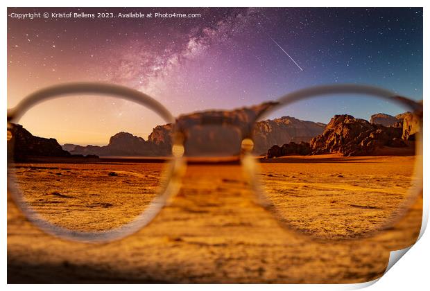 Desert and rocks on extraterrestrial or alien planet in the universe with view on space and galaxy Print by Kristof Bellens