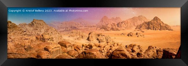 Desert and rocks on extraterrestrial or alien planet in the universe with view on space and galaxy Framed Print by Kristof Bellens
