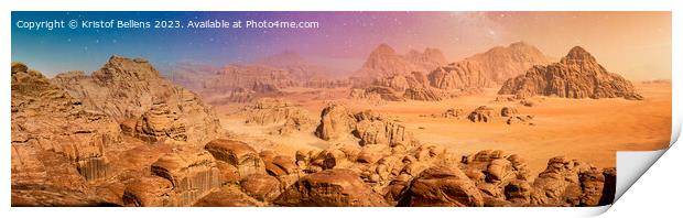 Desert and rocks on extraterrestrial or alien planet in the universe with view on space and galaxy Print by Kristof Bellens