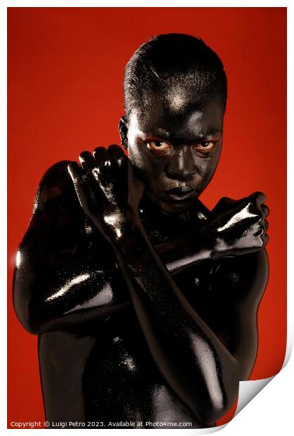 Black model covered in black body paint. Print by Luigi Petro