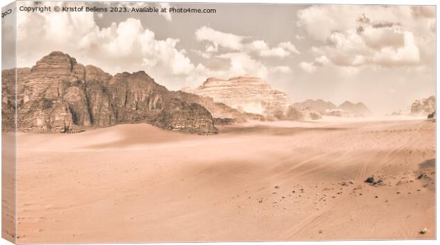 Panorama of the Wadi Rum desert in Jordan with retro or vintage faded monochrome mood Canvas Print by Kristof Bellens