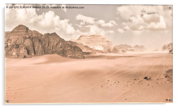 Panorama of the Wadi Rum desert in Jordan with retro or vintage faded monochrome mood Acrylic by Kristof Bellens