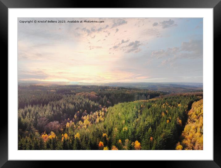 Dramatic aerial sunset over the pine tree forest in autumn in the Ardennes, Belgium. Framed Mounted Print by Kristof Bellens