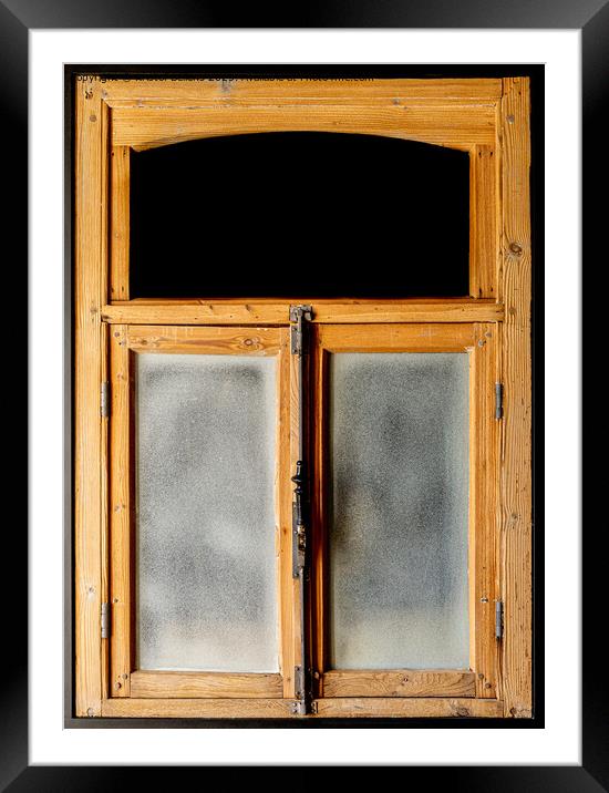 Vintage wooden and weathered rustic window frame with glass and black copy space Framed Mounted Print by Kristof Bellens