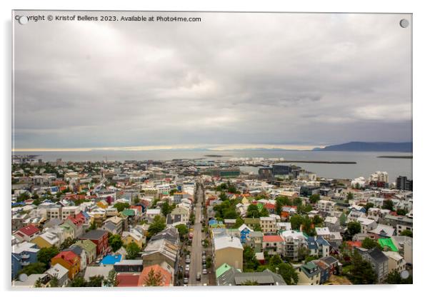 Reykjavik, Iceland, skyline and cityscape with view over houses and skolavordustigur. Aerial. Acrylic by Kristof Bellens