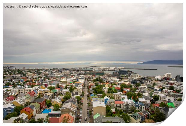Reykjavik, Iceland, skyline and cityscape with view over houses and skolavordustigur. Aerial. Print by Kristof Bellens