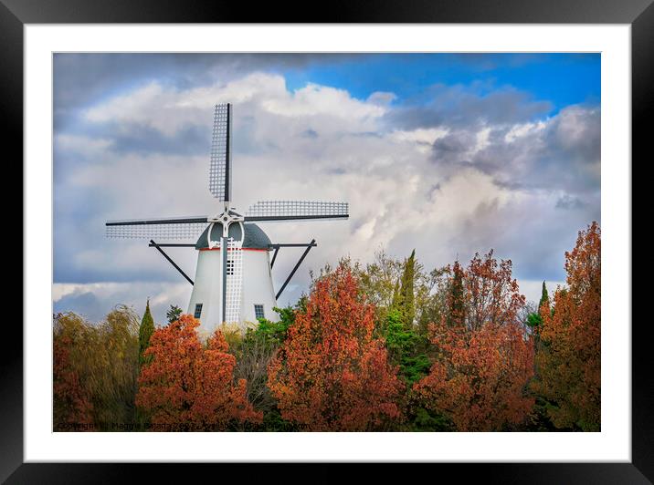 White Windmill with Colorful Autumn trees Framed Mounted Print by Maggie Bajada