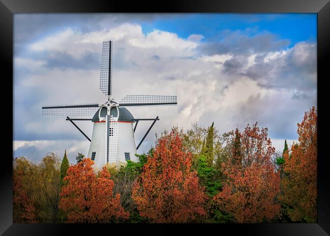 White Windmill with Colorful Autumn trees Framed Print by Maggie Bajada
