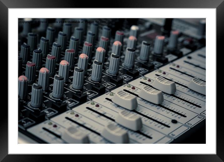 Closeup and detail of audio mixing console with faders and knobs Framed Mounted Print by Kristof Bellens