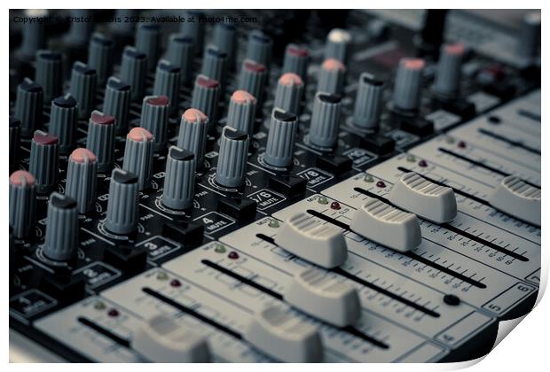 Closeup and detail of audio mixing console with faders and knobs Print by Kristof Bellens