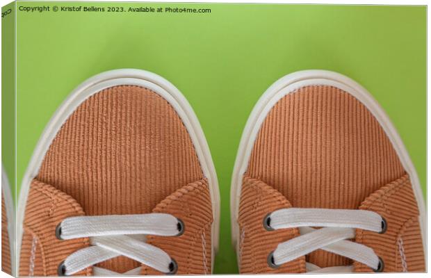 Beige corduroy sneakers on a green background Canvas Print by Kristof Bellens